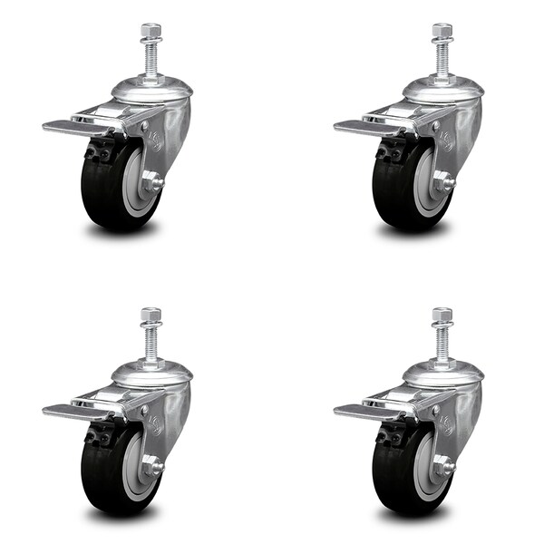Service Caster 3 Inch Black Polyurethane Swivel 3/8 Inch Stem Caster Set with Total Lock Brake SCC-TSTTL20S314-PPUB-BLK-381615-4 - main